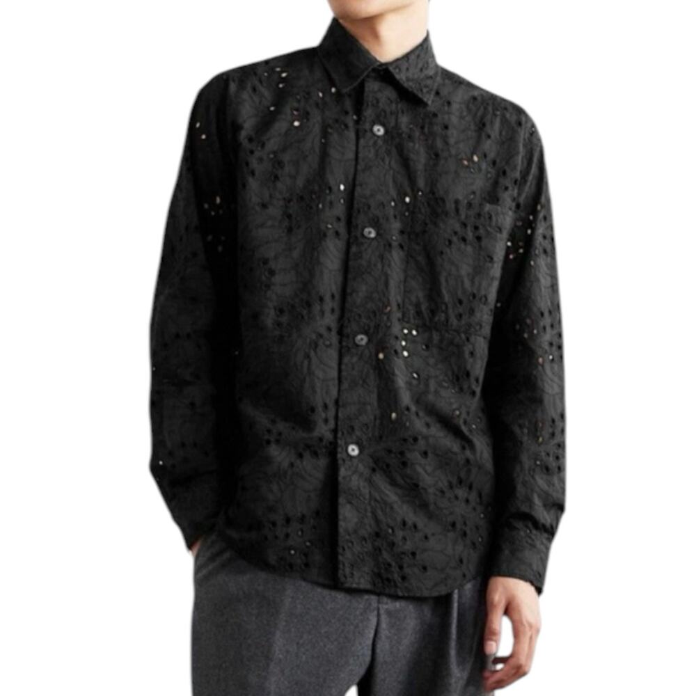 NN07 Adwin Broderie Anglaise Cotton Embroidered Button Up Black Shirt Men’s XL